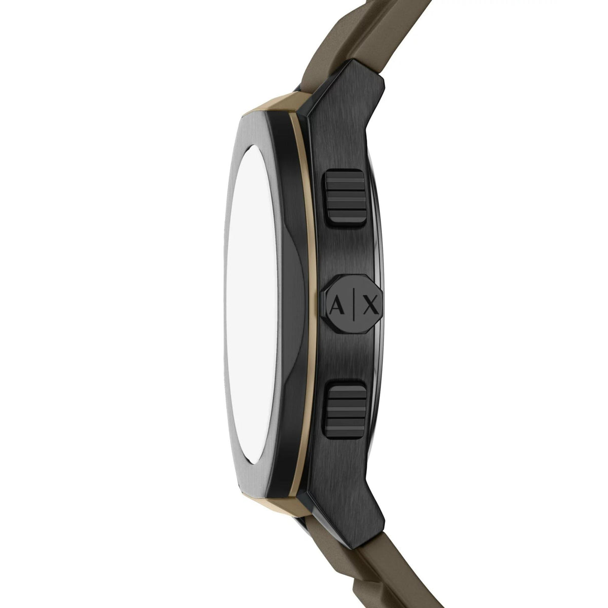 Side view of Armani Exchange Sync brown dial chronograph watch showing crown, pushers and case thickness