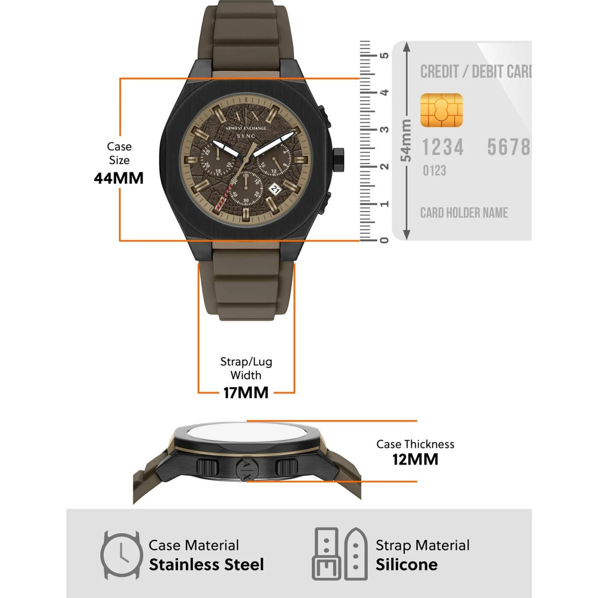 Armani Exchange Sync AX4293 size guide 44mm case width and 12mm thickness next to credit card comparison