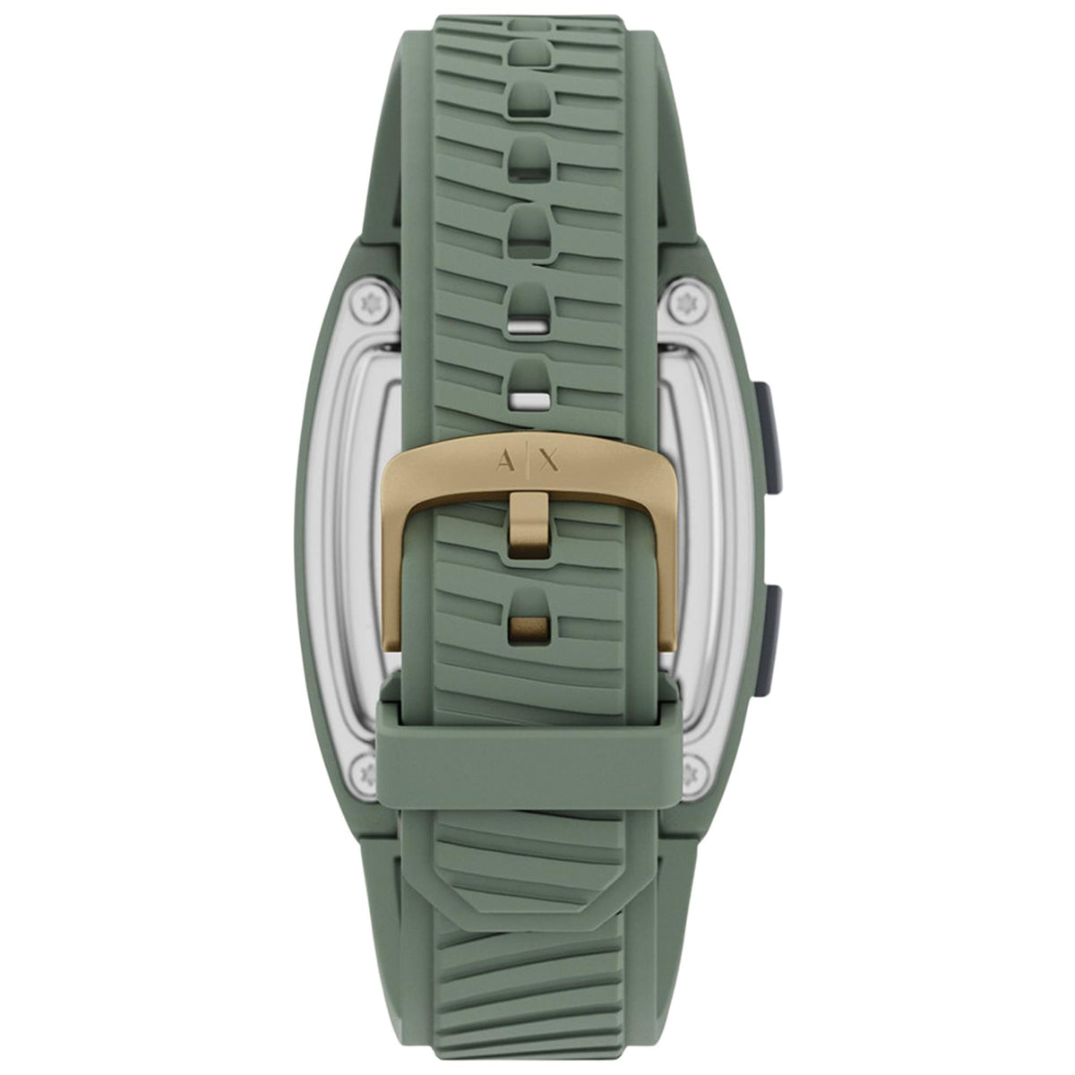 Green silicone digital quartz watch viewed from back with textured clasp details