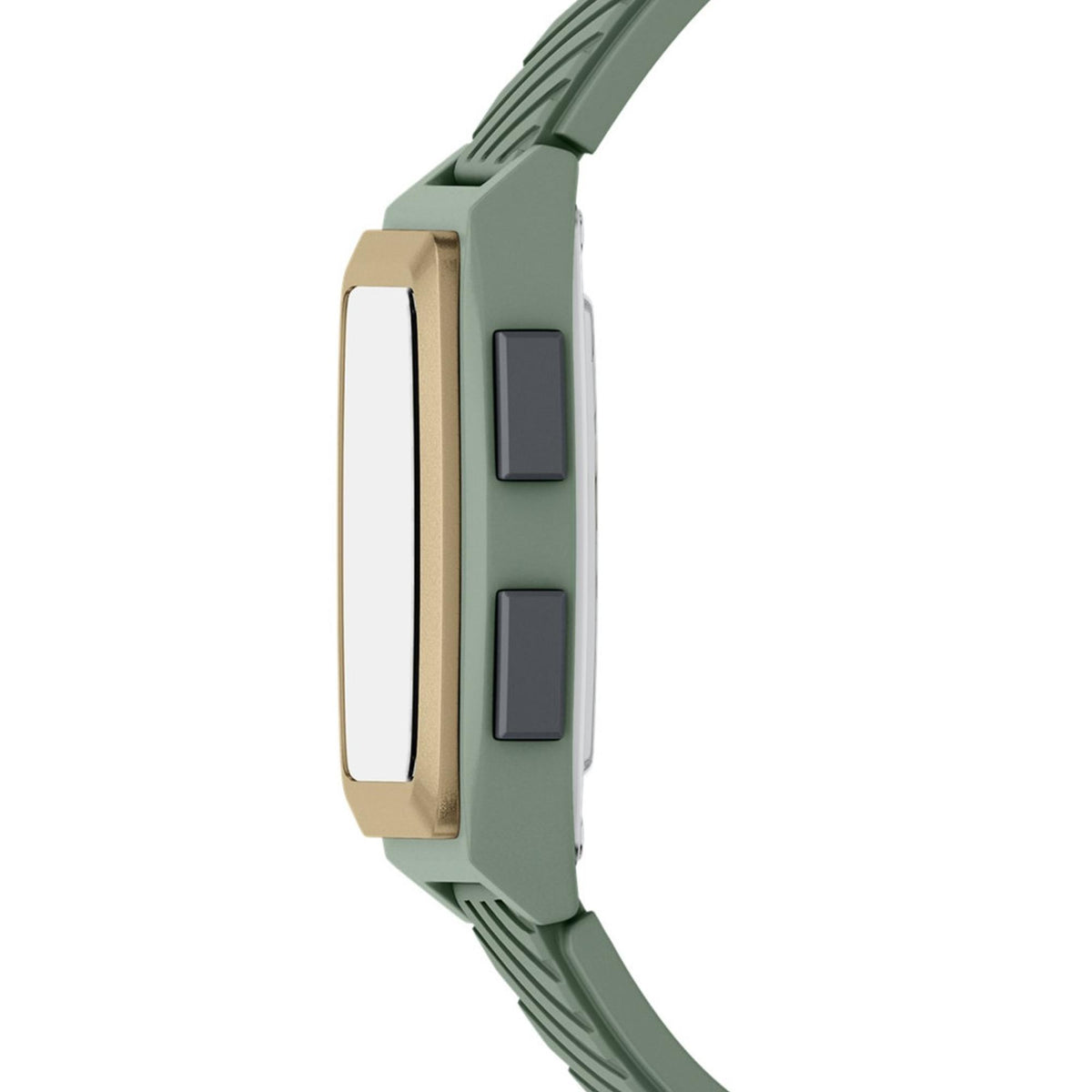 Green silicone digital quartz watch side view with gold-toned case and buttons