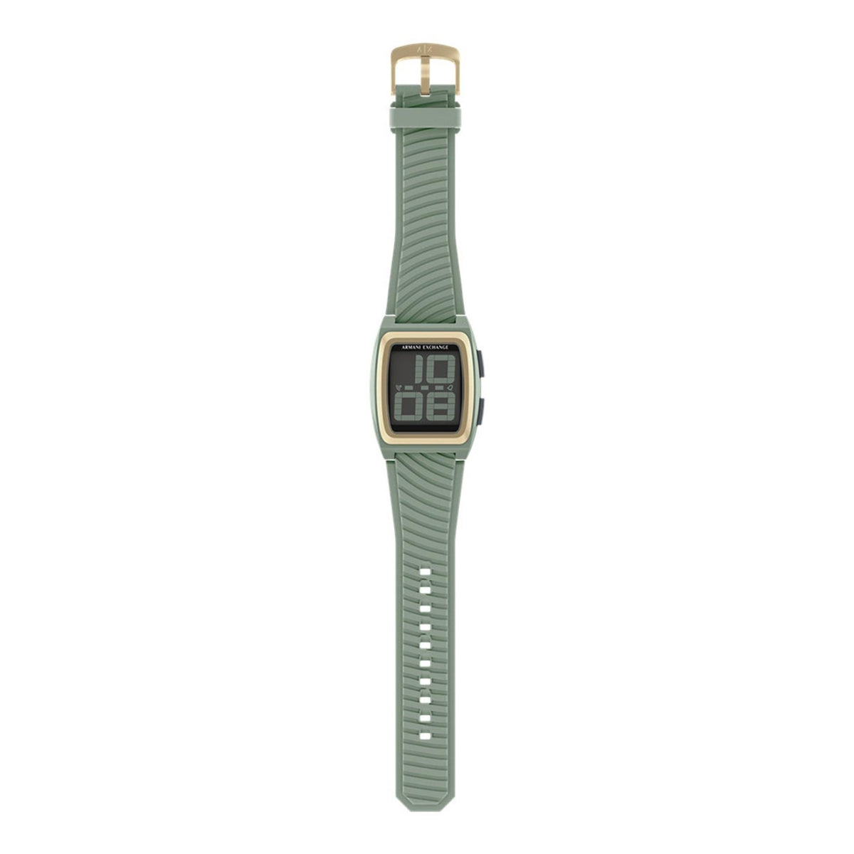 Green silicone digital quartz watch profile with rectangular LCD and textured strap