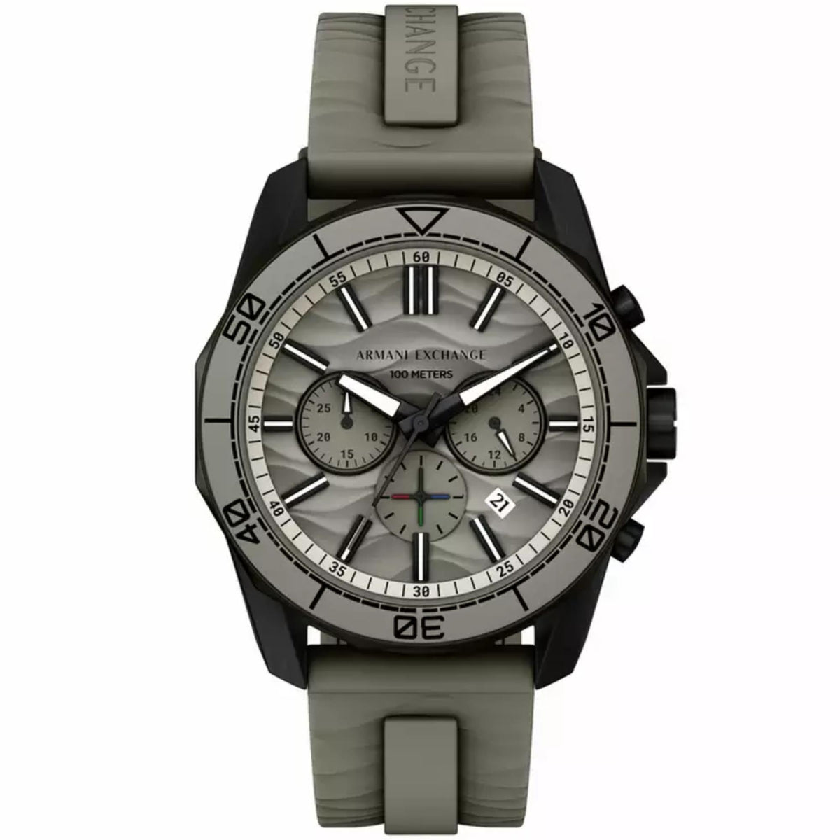 Mens chronograph watch with grey dial, three subdials, olive silicone strap.