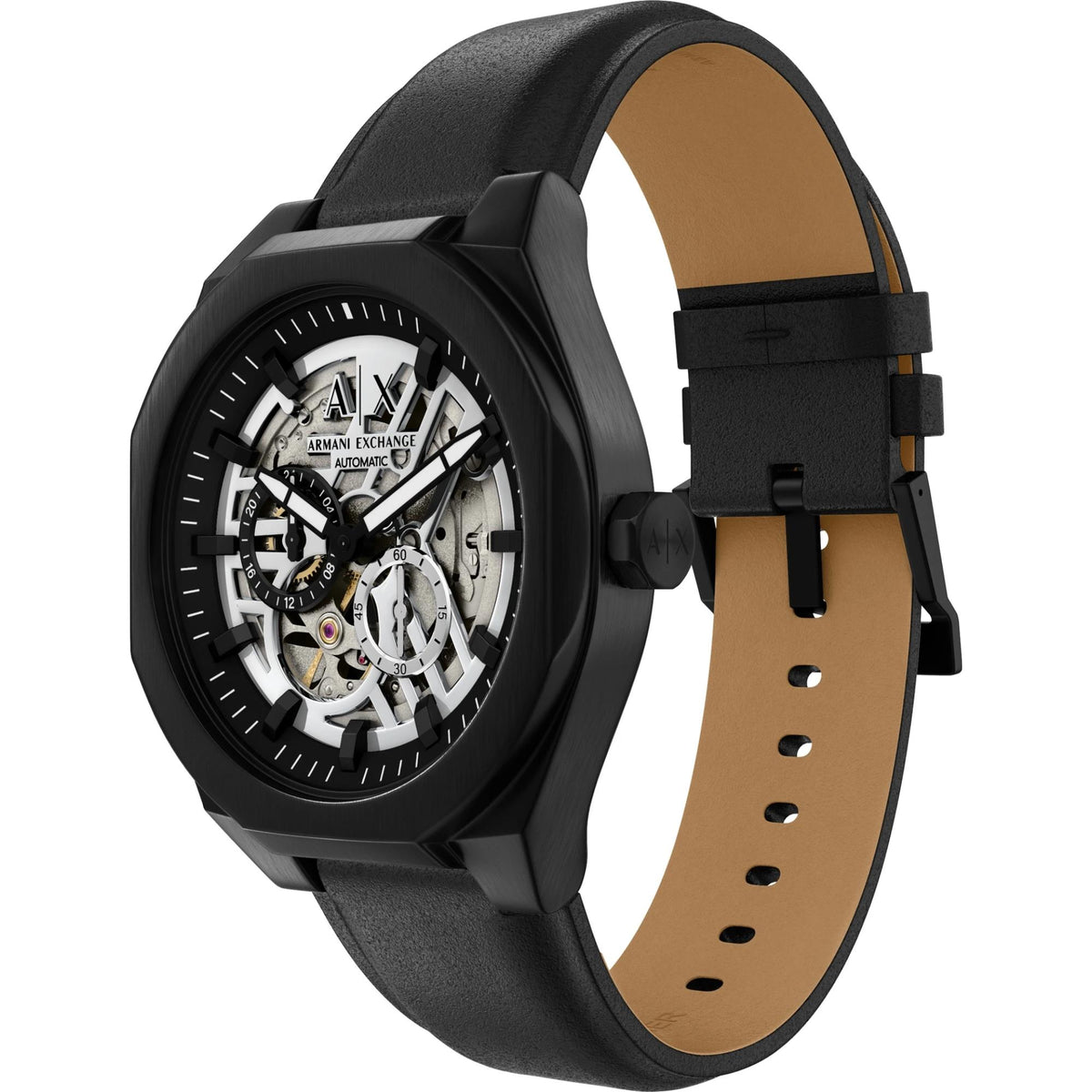 Angled view of Armani Exchange AX4297 Sync 44mm mens leather watch highlighting exposed mechanical movement and black strap detail