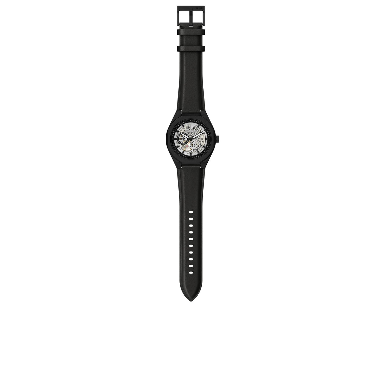 Armani Exchange Sync skeleton automatic watch displayed with full black leather strap and buckle