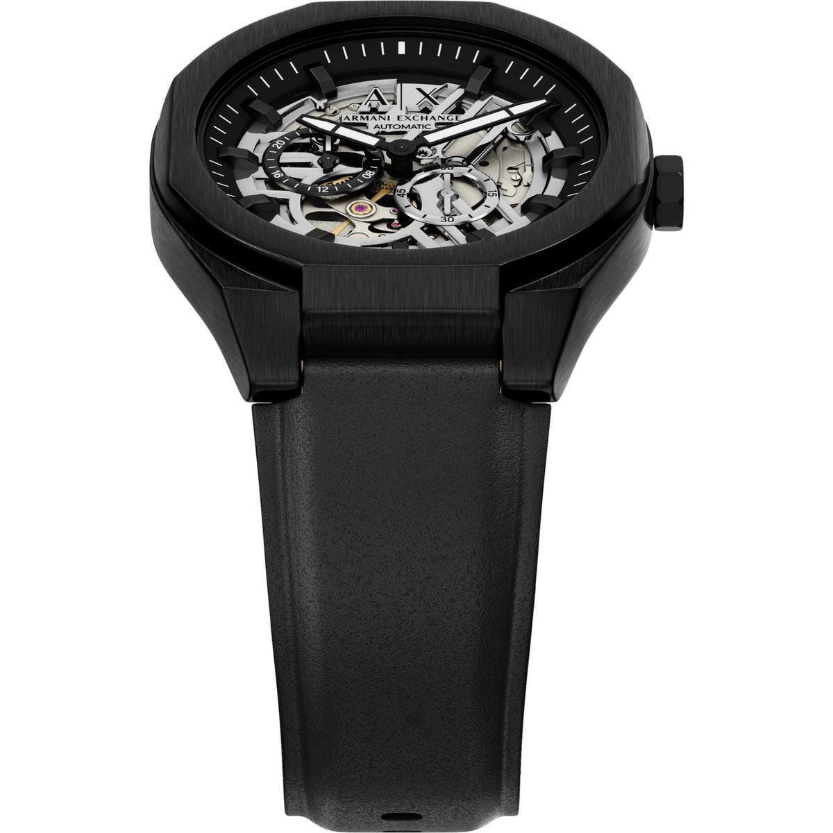 Angled view of Armani Exchange AX4297 Sync watch highlighting exposed mechanical movement and black strap detail