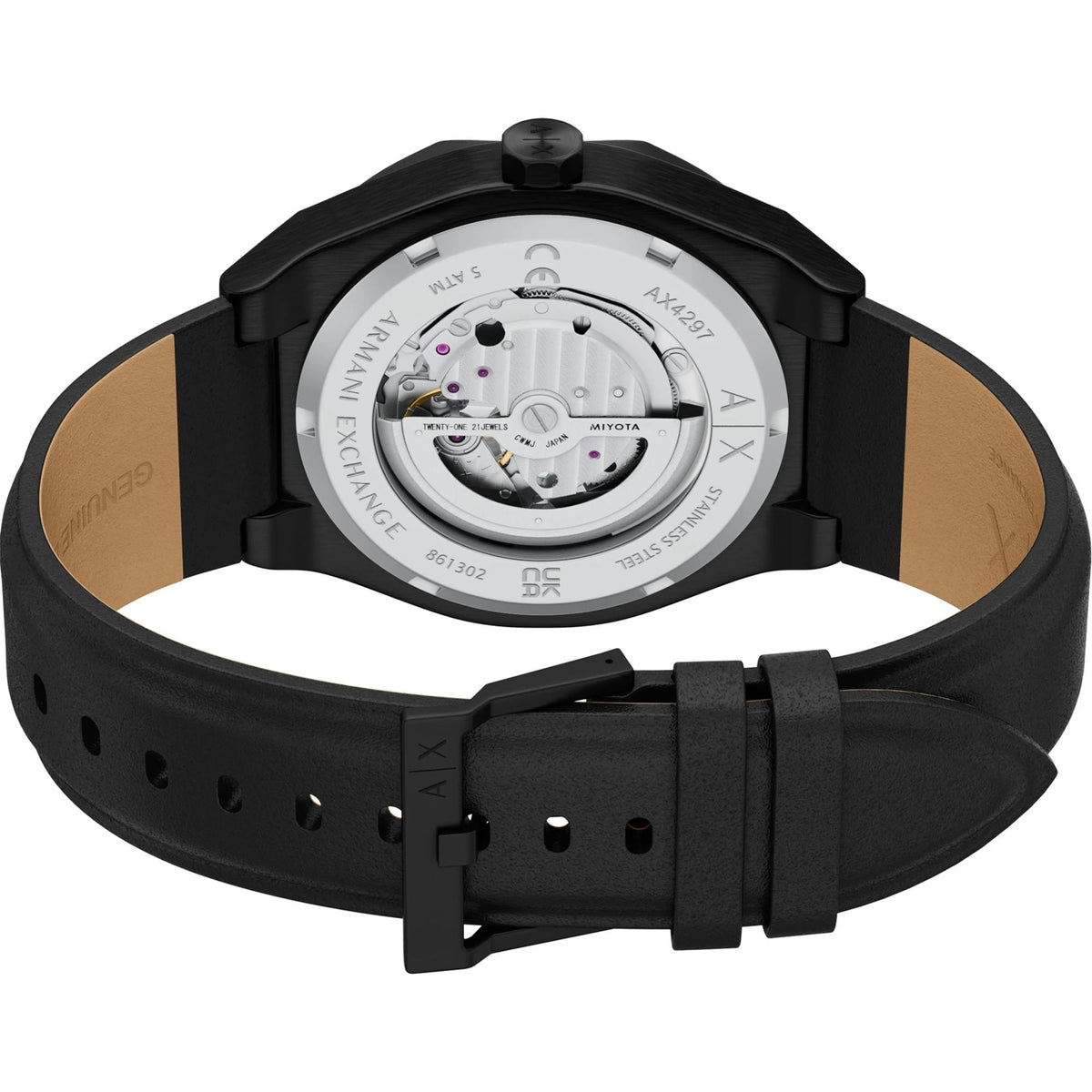 Armani Exchange Sync AX4297 automatic movement case back with engraving and genuine leather strap