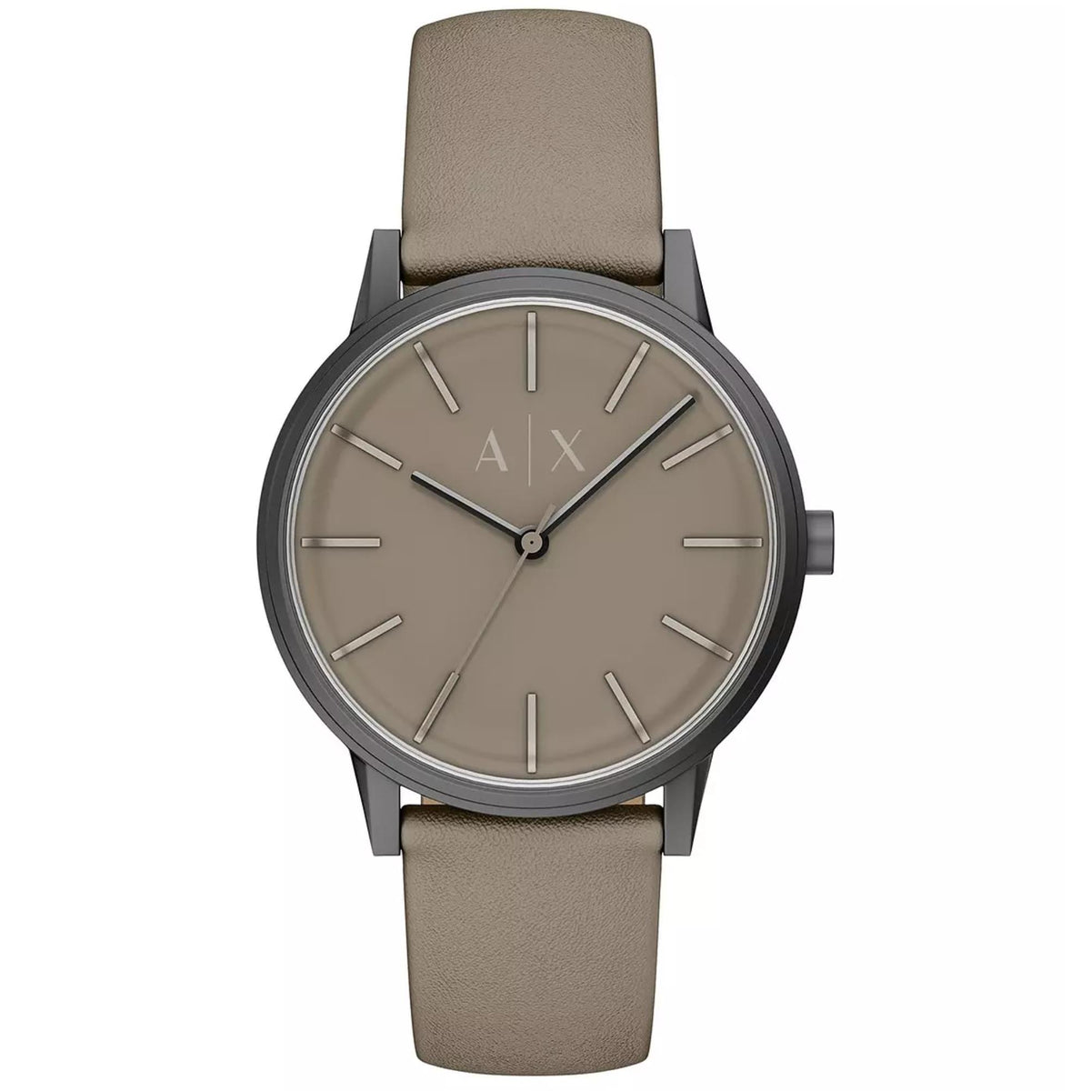 Armani Exchange wristwatch with gray-brown leather strap and tan dial, round quartz case.