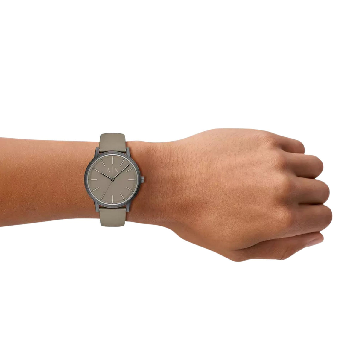 Men's Armani Exchange wristwatch on arm with tan dial and gray-brown leather band.