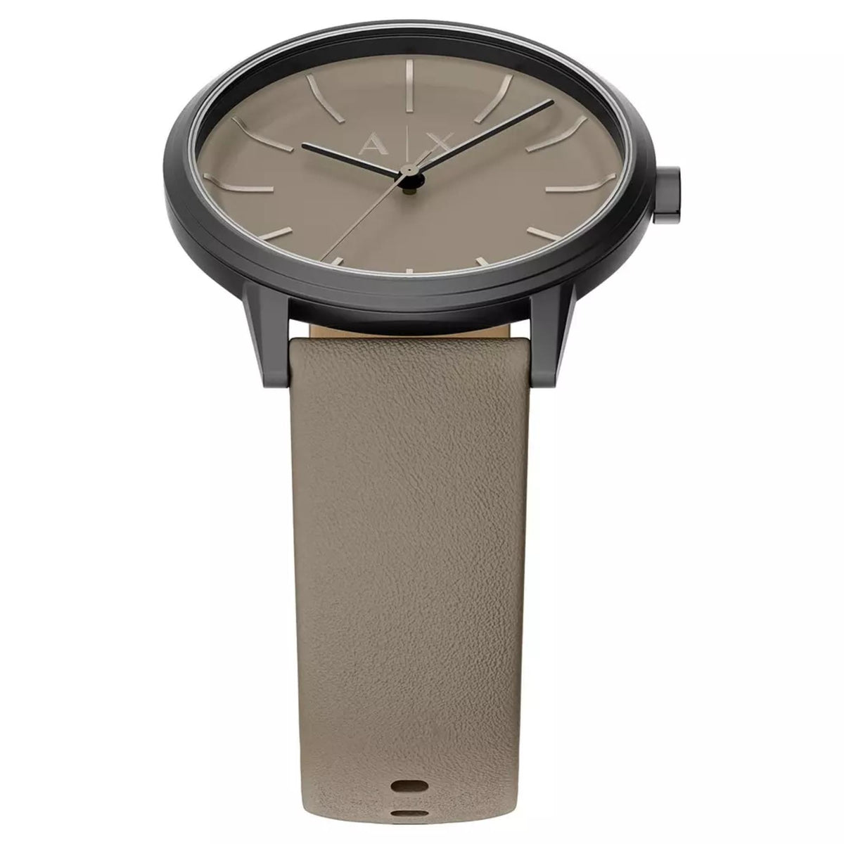 Armani Exchange wristwatch with tan dial and gray-brown leather strap, front angled view.