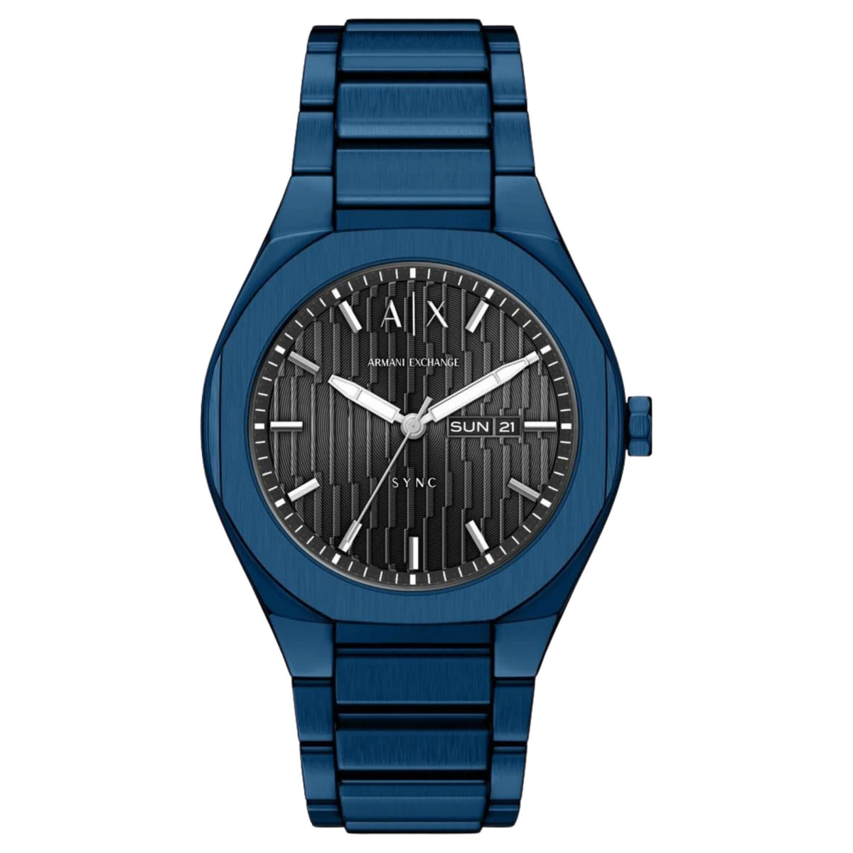 Armani Exchange Sync AX4299 42mm blue steel mens watch with grey textured dial, day-date window and matching bracelet
