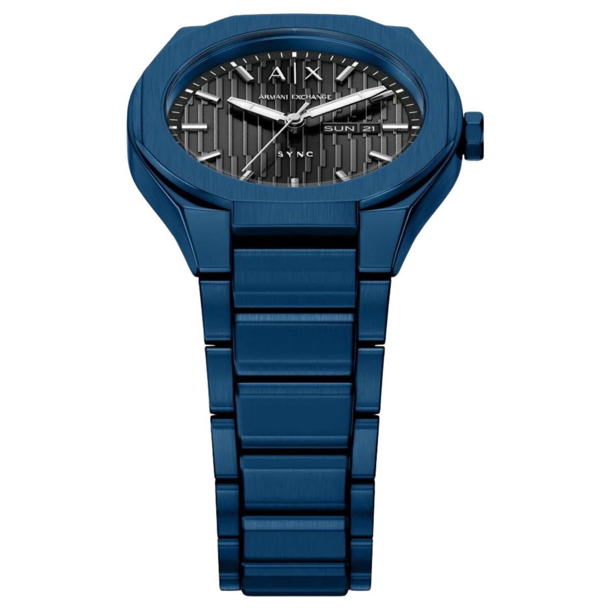 Armani Exchange Sync blue chronograph-style mens quartz watch showcasing octagonal case and striped grey dial detail