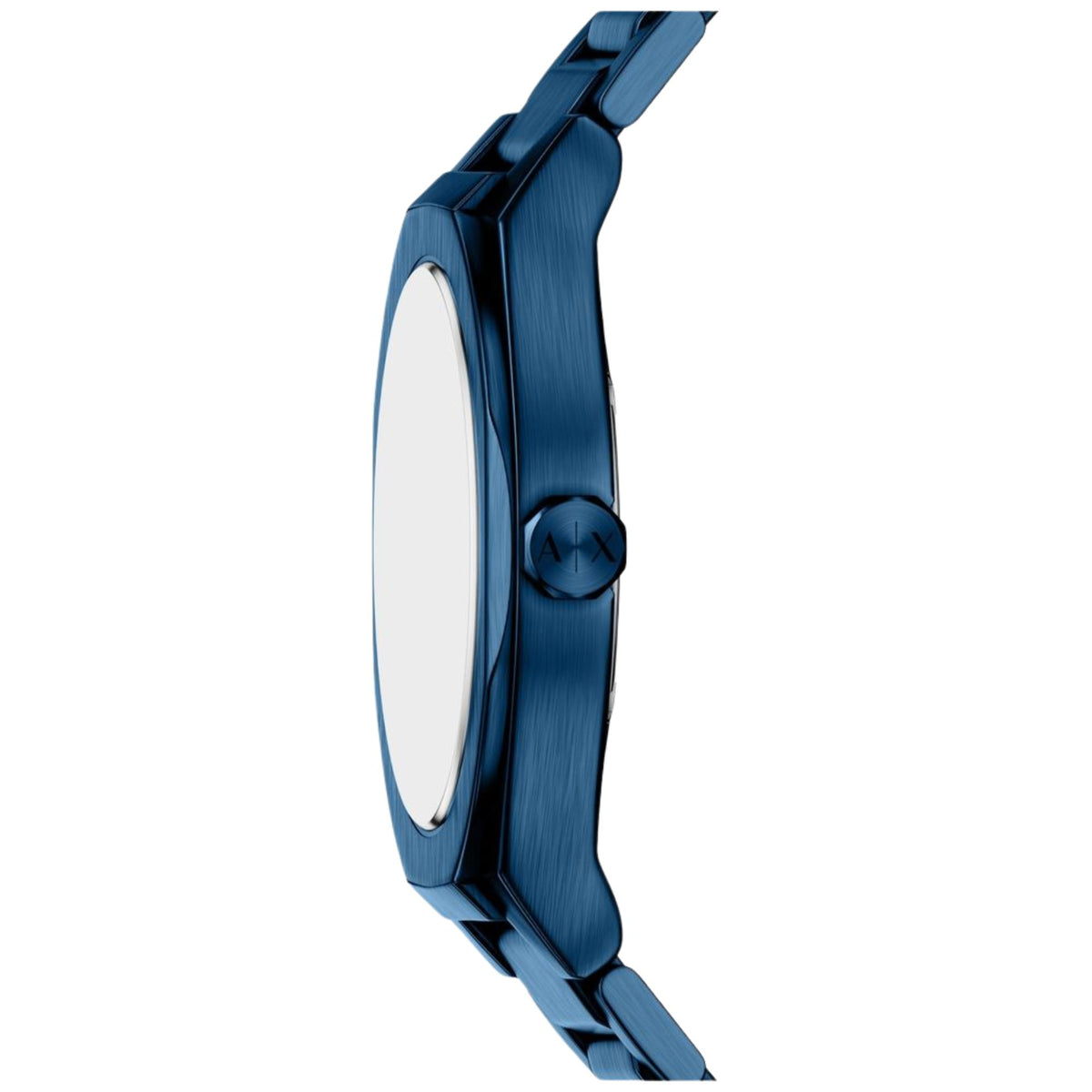 Side view of Armani Exchange Sync AX4299 42mm mens watch highlighting brushed blue case, crown and bracelet profile
