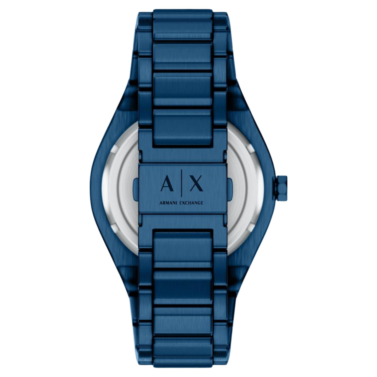 Armani Exchange Sync AX4299 stainless steel case back with engraved branding and solid blue metal link bracelet
