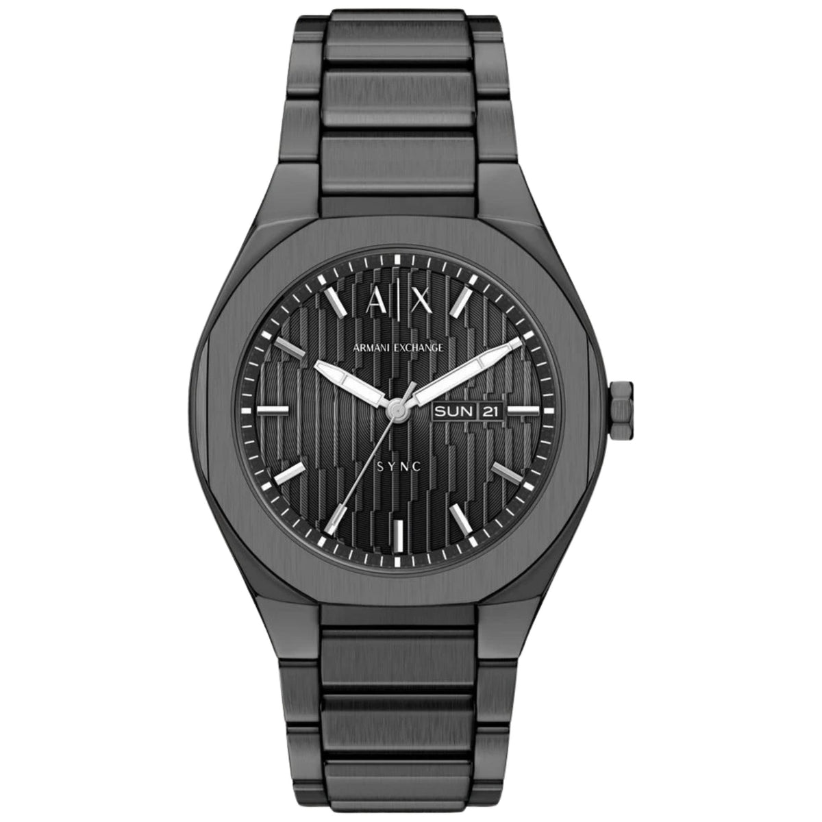 Armani Exchange Sync AX4300 42mm grey dial mens watch with full black stainless steel bracelet and day-date display