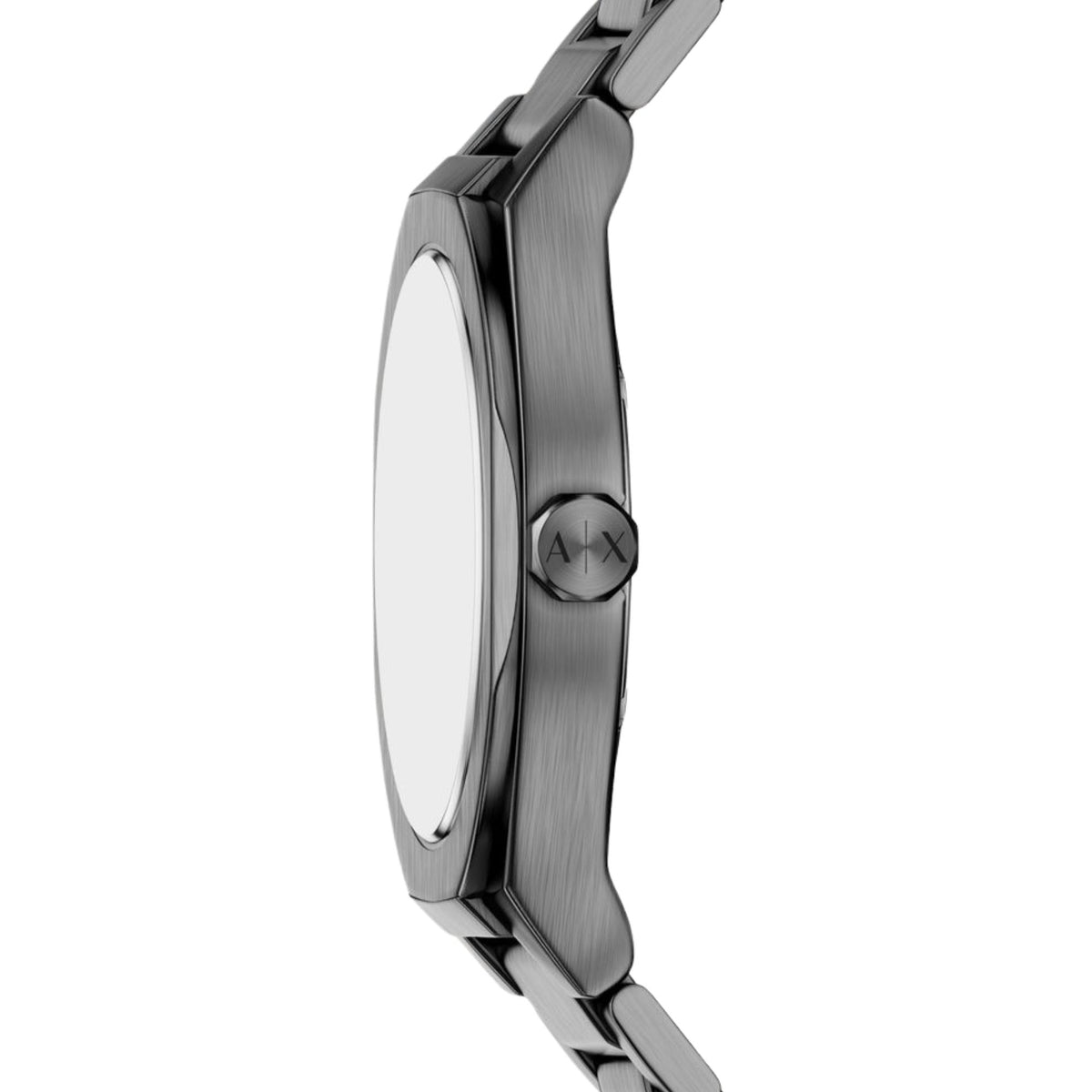 Side view of Armani Exchange Sync AX4300 42mm grey dial chronograph-style watch highlighting crown, pushers and brushed case
