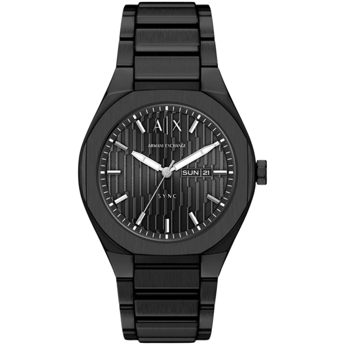 Armani Exchange Sync AX4301 42mm black dial mens watch with full black stainless steel bracelet and day-date display