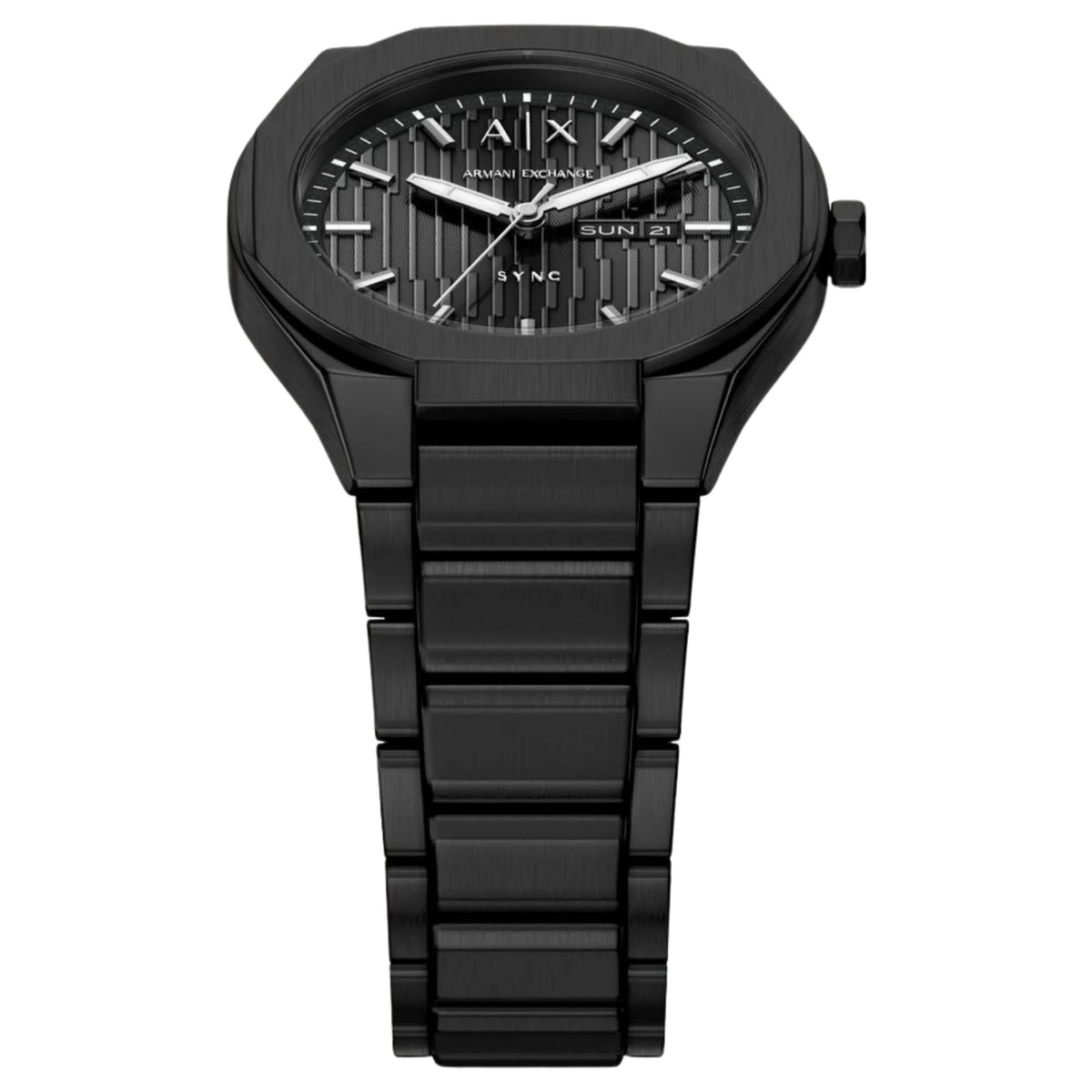 Armani Exchange Sync black chronograph-style watch showcasing textured black dial and modern octagonal case design