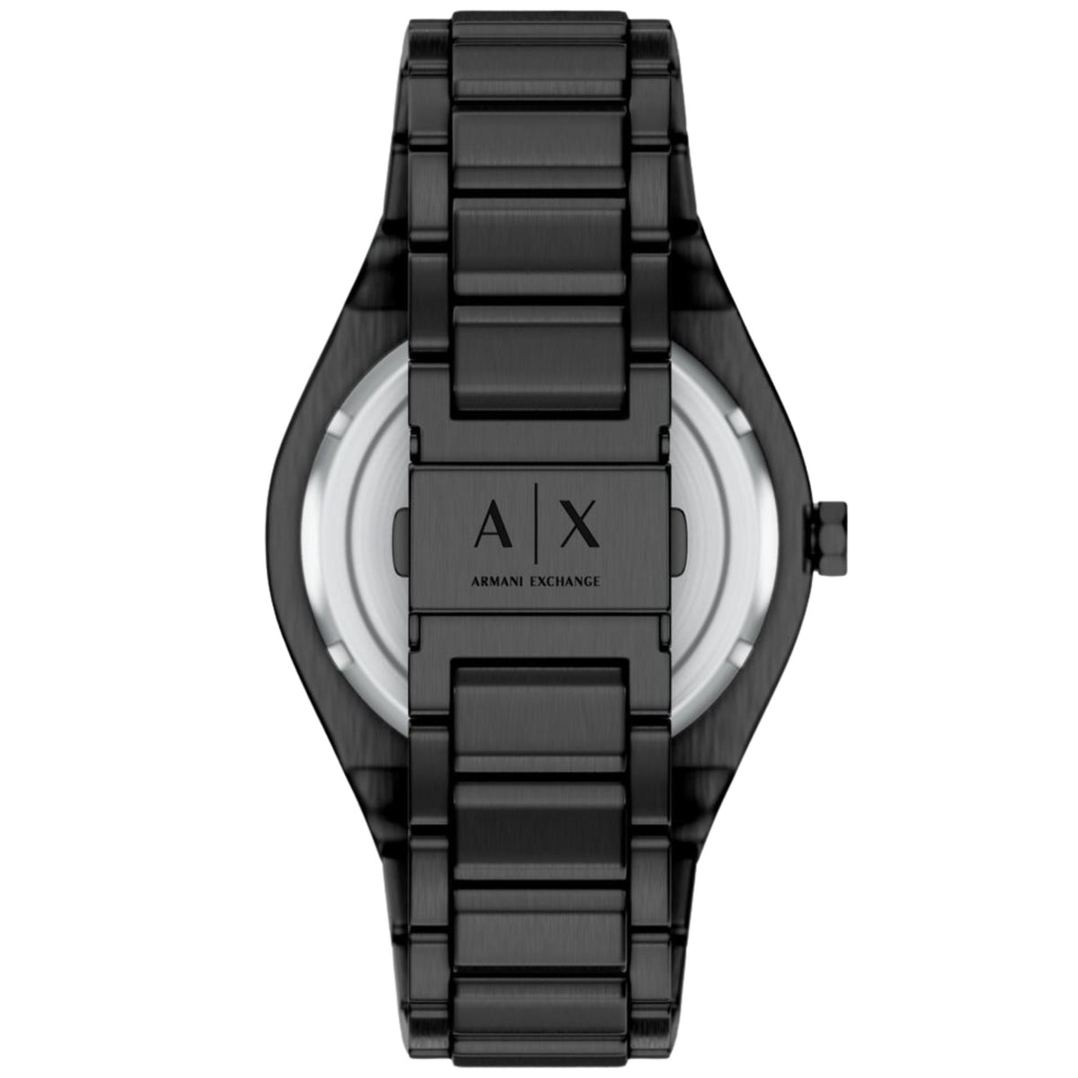 Armani Exchange Sync AX4301 stainless steel case back with engraved branding and solid black metal bracelet