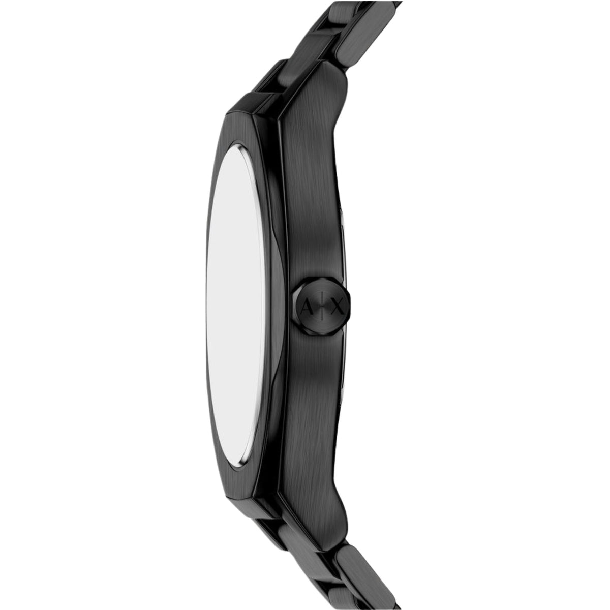 Side view of Armani Exchange Sync 42mm all-black mens quartz watch highlighting crown, brushed case and link bracelet