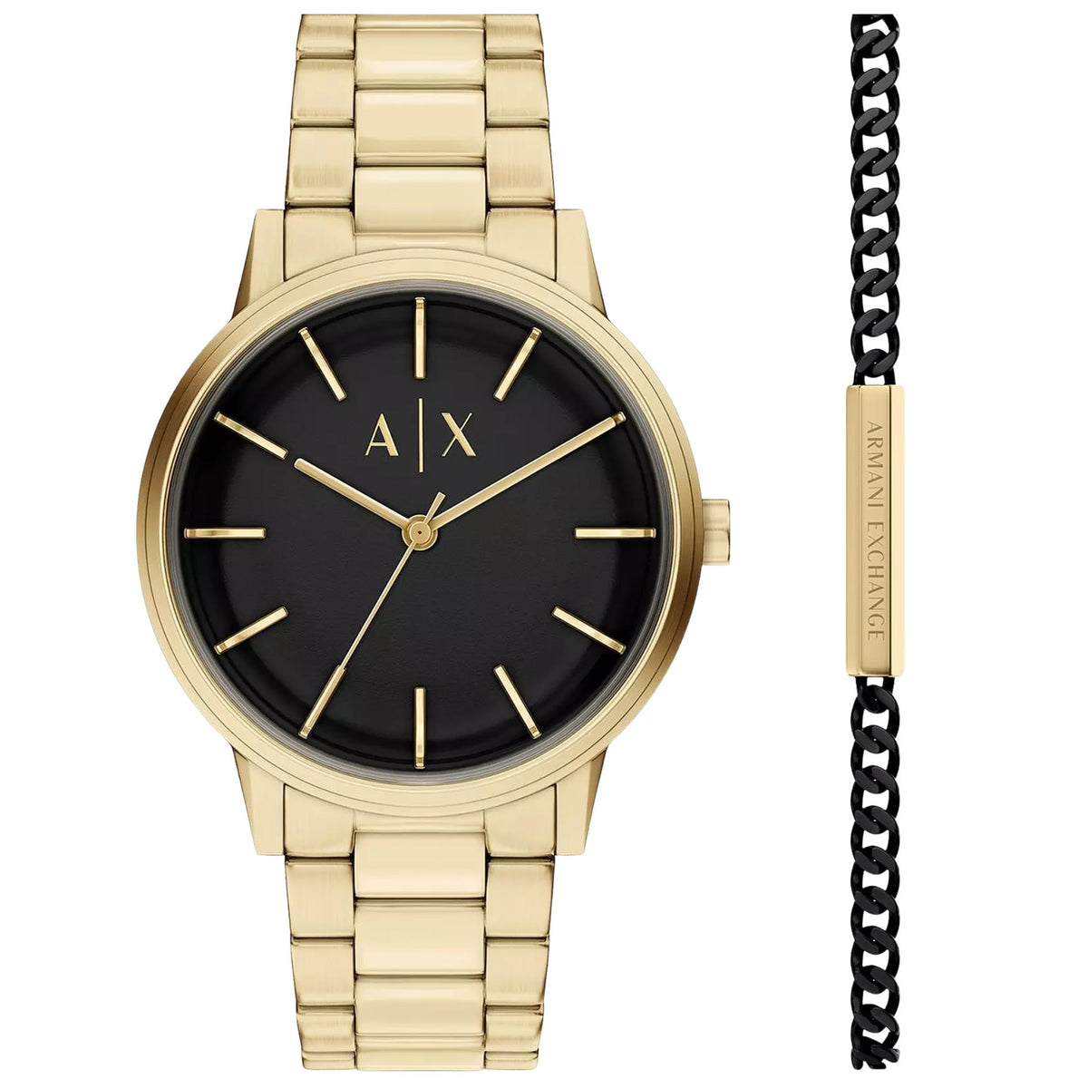 Gold-tone steel watch with black dial, AX hands, and black bracelet strap