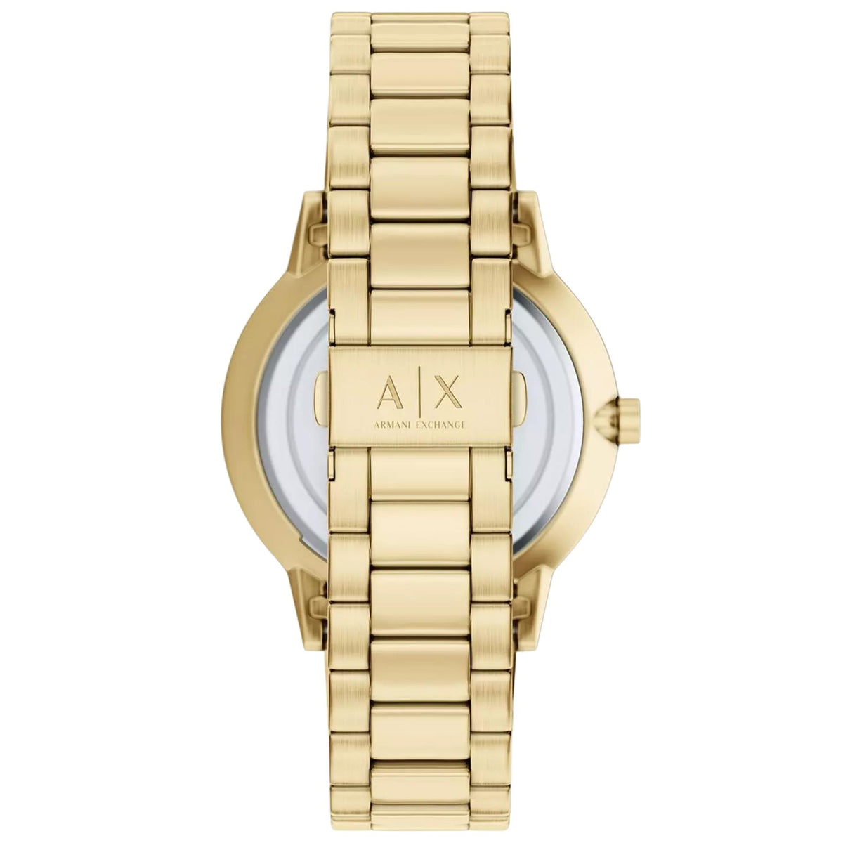 Gold-tone steel watch caseback with AX logo and bracelet links