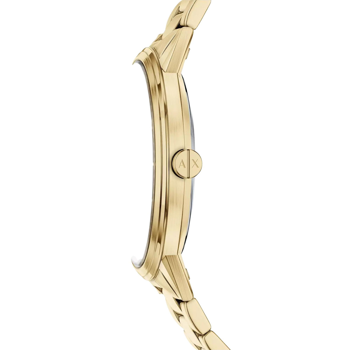 Gold-tone steel wristwatch side profile with crown and case details