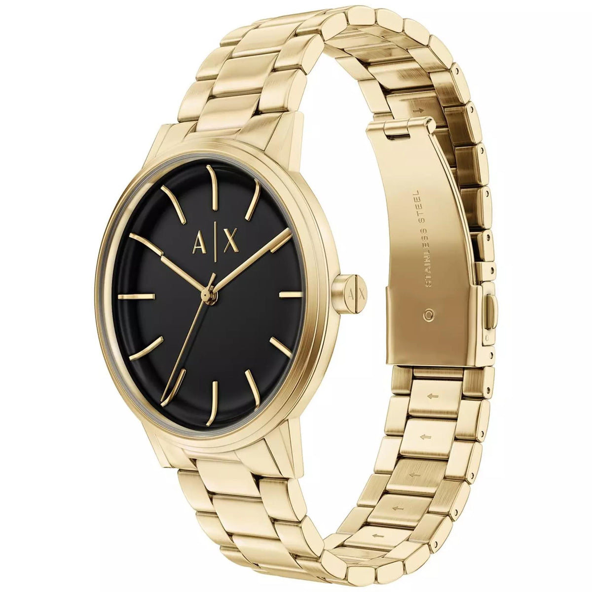 Gold-tone steel watch with black dial, AX marker indices, and linked bracelet band
