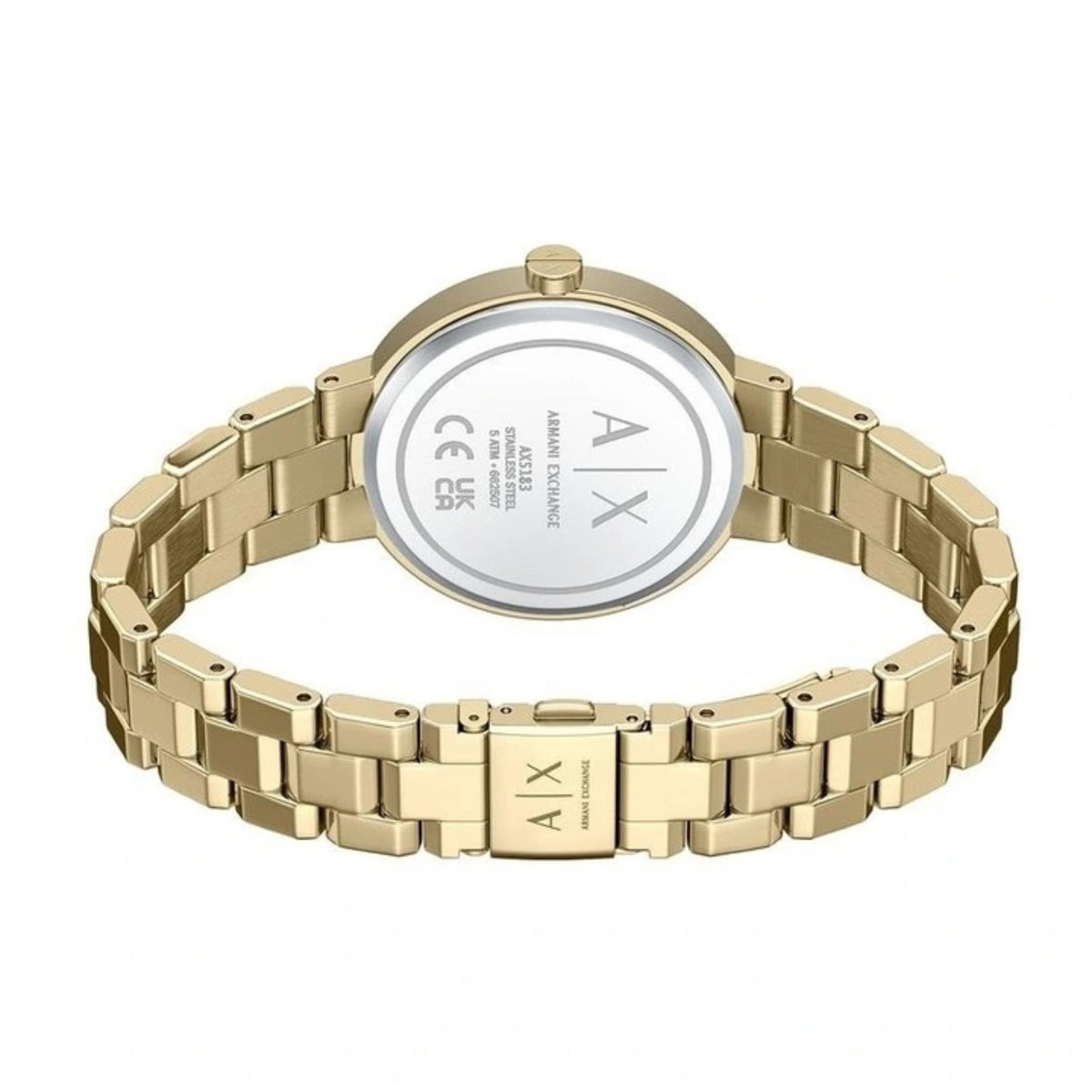 Armani Exchange Jackie AX7177SET stainless steel case back and link bracelet deployment clasp view