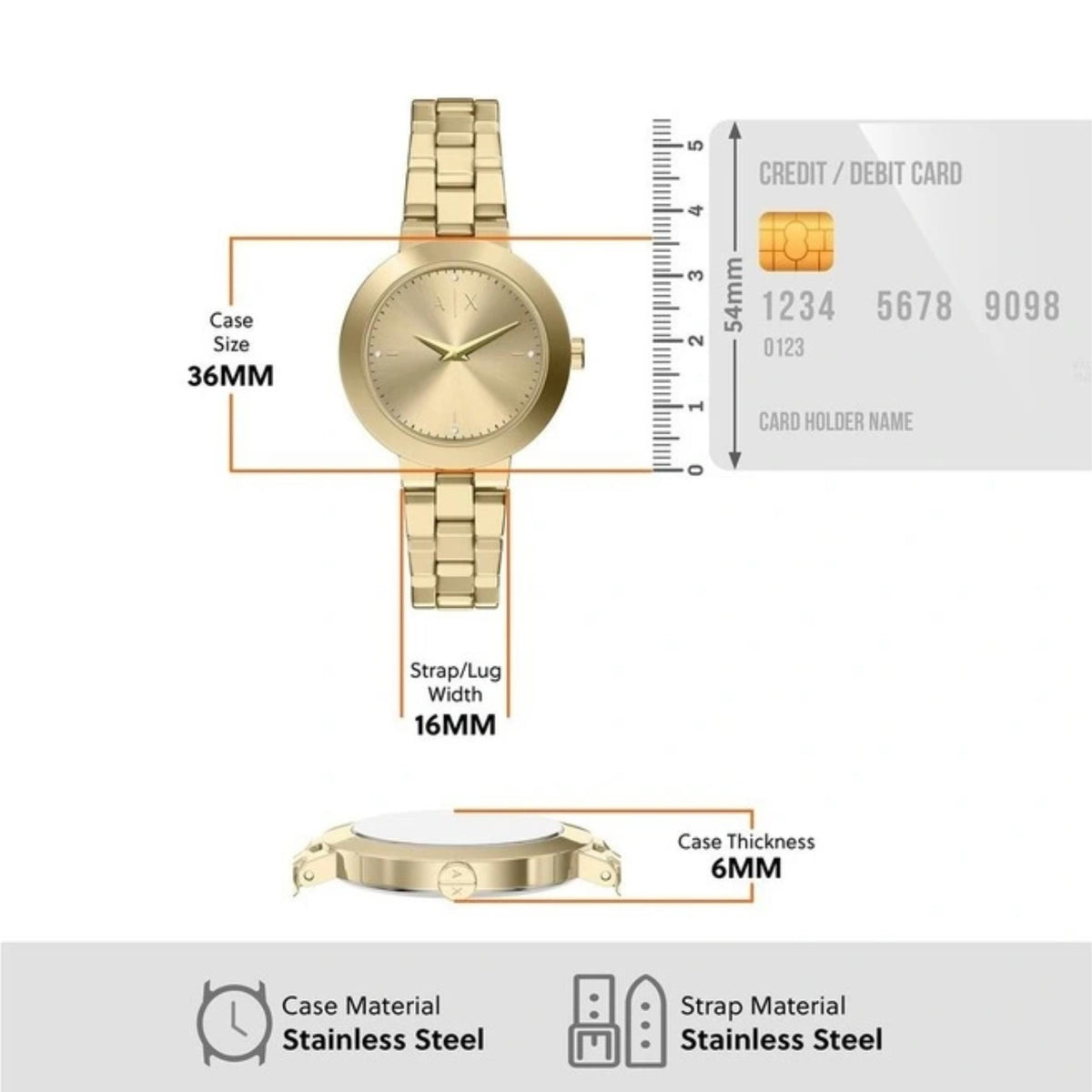 Armani Exchange Jackie AX7177SET size guide showing 36mm case size, 16mm lug width, and 6mm case thickness dimensions compared to a credit card