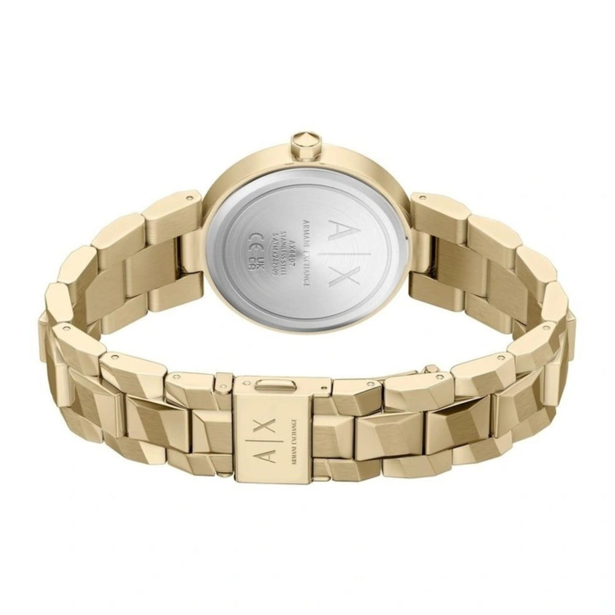 Armani Exchange Audora AX4407 caseback view showcasing engraved logo and textured gold steel link bracelet