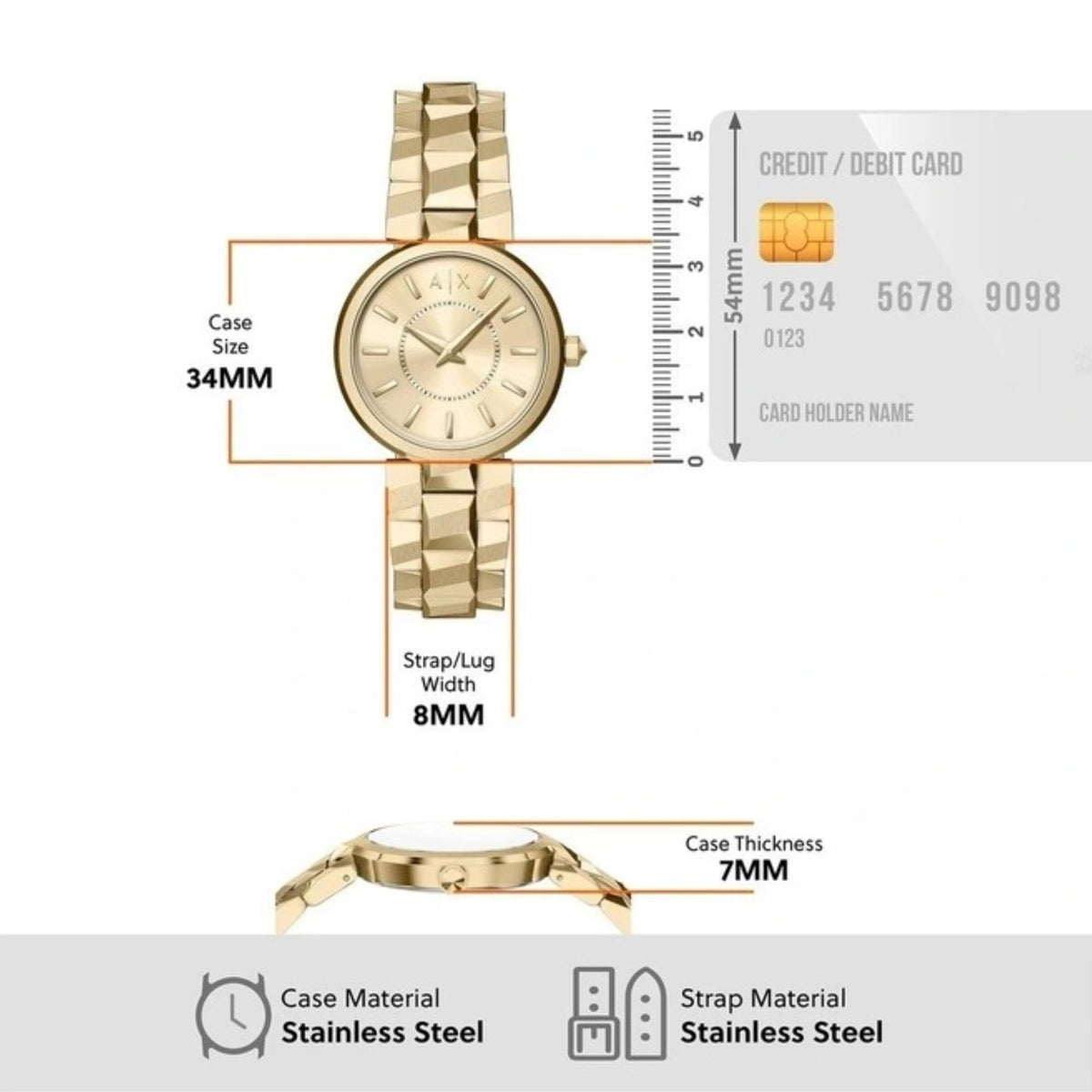 Armani Exchange Audora AX4407 specification diagram showing 34mm case size, 8mm strap/lug width, and 7mm case thickness