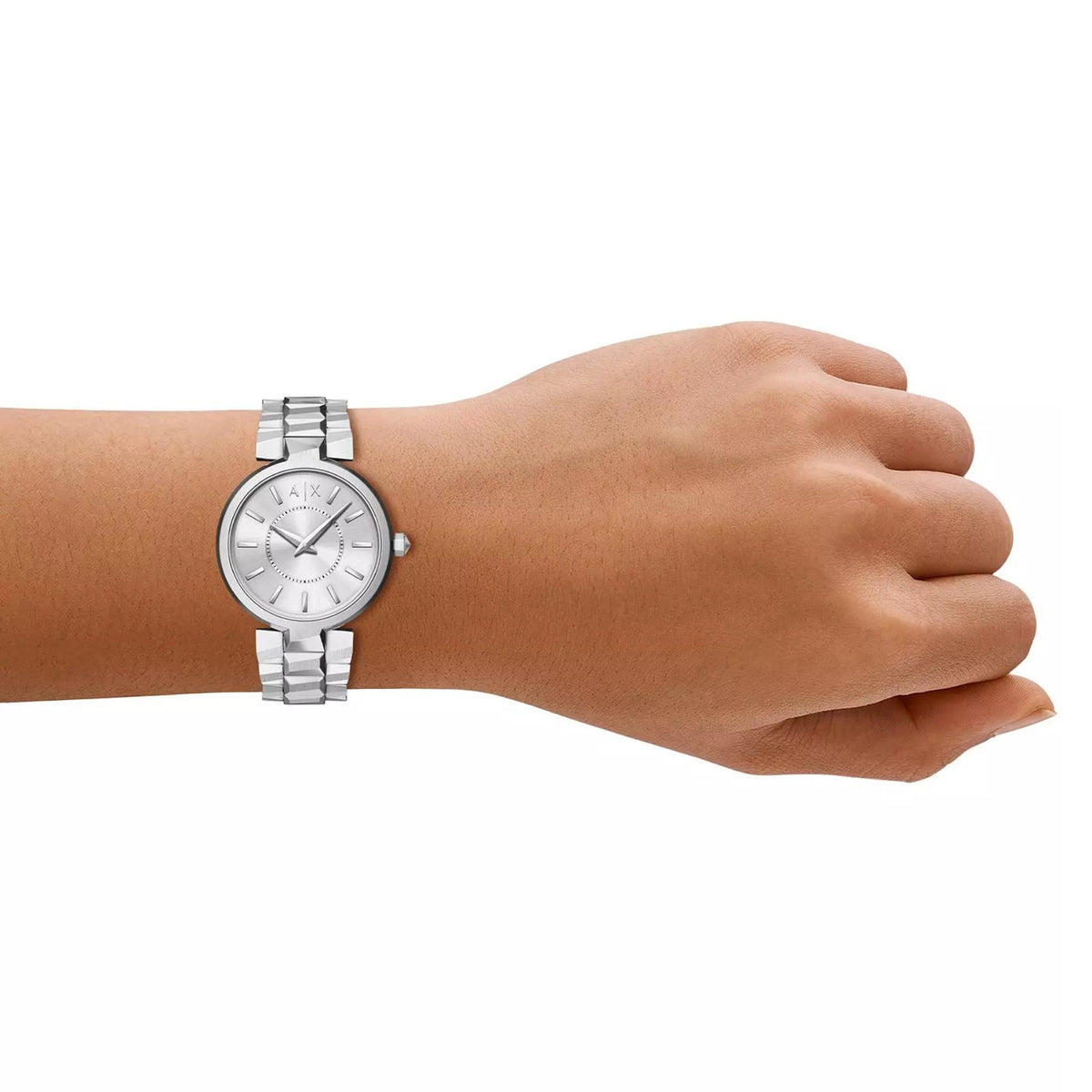 Armani Exchange Audelle AX4405 side view on persons wrist