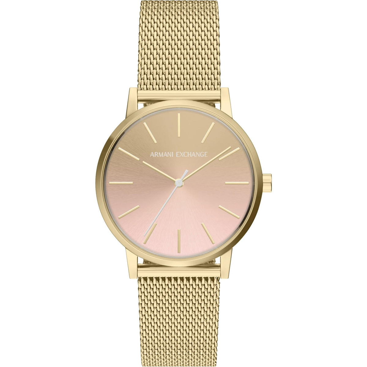 Gold-tone stainless steel mesh watch with pink dial and slim round case