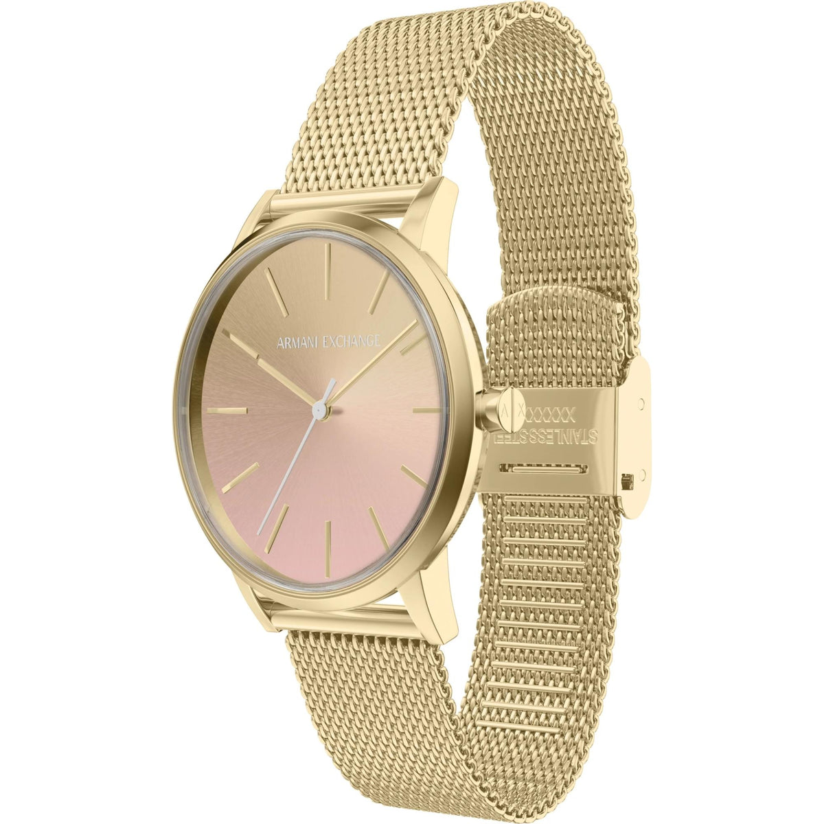 Gold-tone stainless steel mesh bracelet watch with pink dial and side crown
