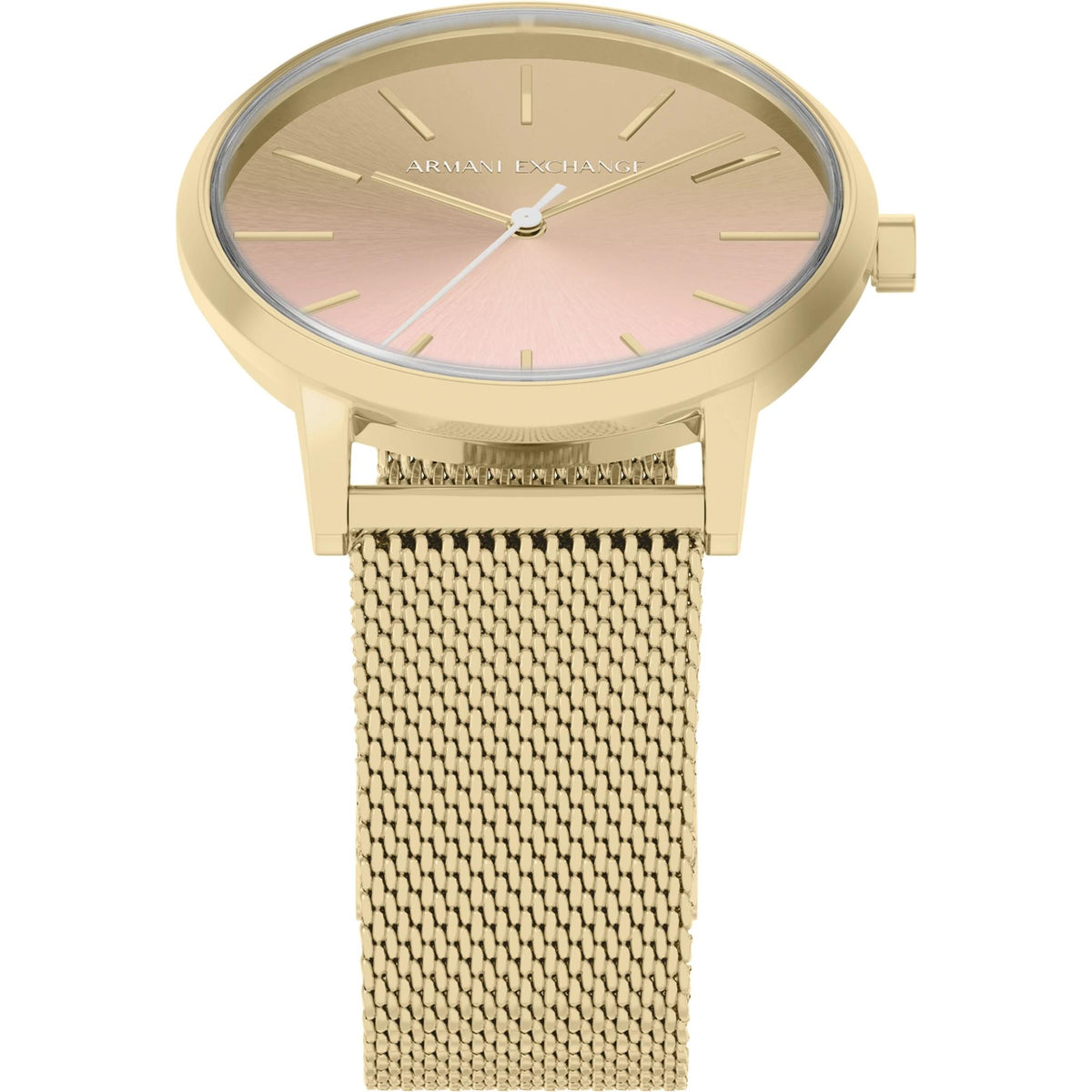 Round gold-tone watch case with pink dial, slim markers, and gold mesh strap