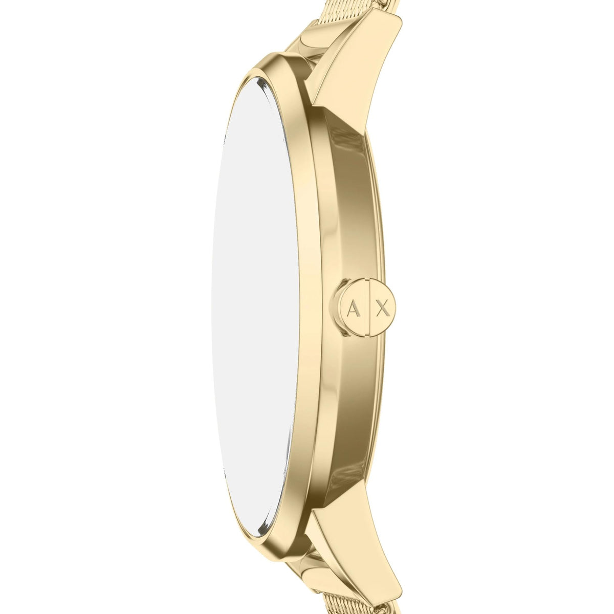 Gold-tone stainless steel watch case profile with mesh bracelet attachment