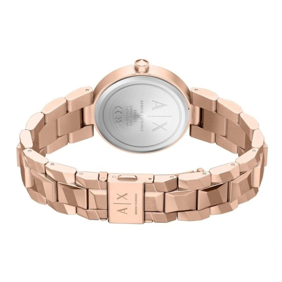 Armani Exchange Audelle AX4408 rose gold watch back case and steel bracelet clasp view