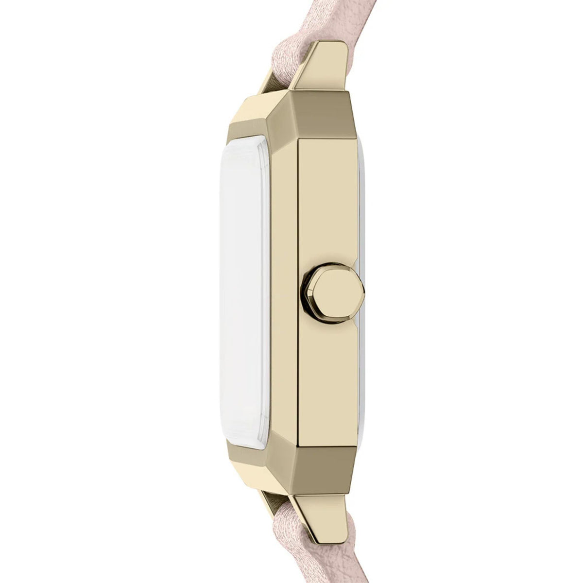 Armani Exchange Leila AX5737 gold-tone stainless steel case profile view with crown detail