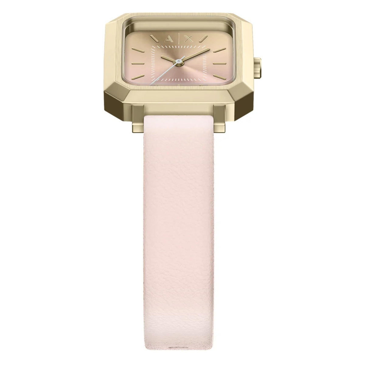 Armani Exchange Leila AX5737 pink dial leather ladies watch tilted top-down view