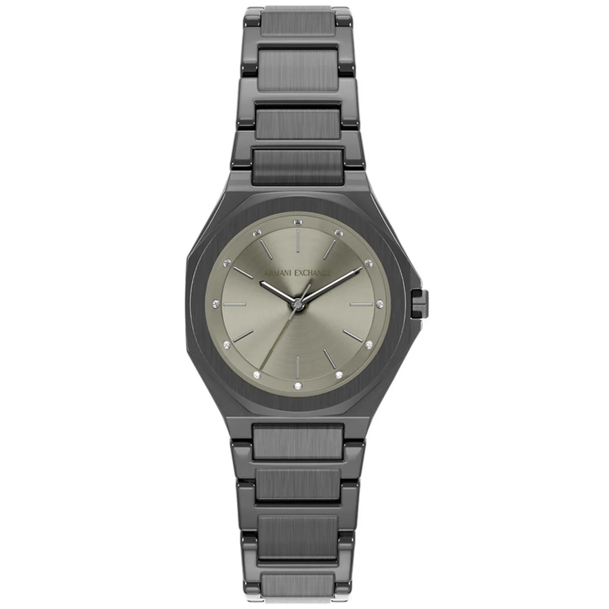 Armani Exchange ladies quartz watch, grey dial, dark steel link bracelet