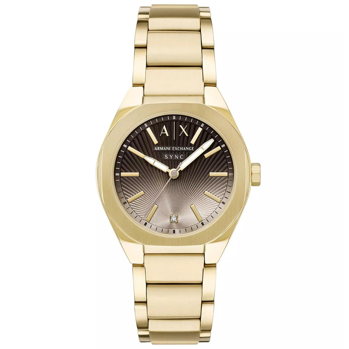 Armani Exchange Sync AX6031 36mm gold ladies watch with brown sunray dial and full yellow gold stainless steel bracelet