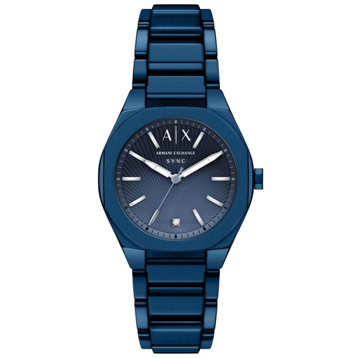 Armani Exchange Sync AX6032 36mm blue dial ladies watch with full blue stainless steel bracelet and sunray pattern