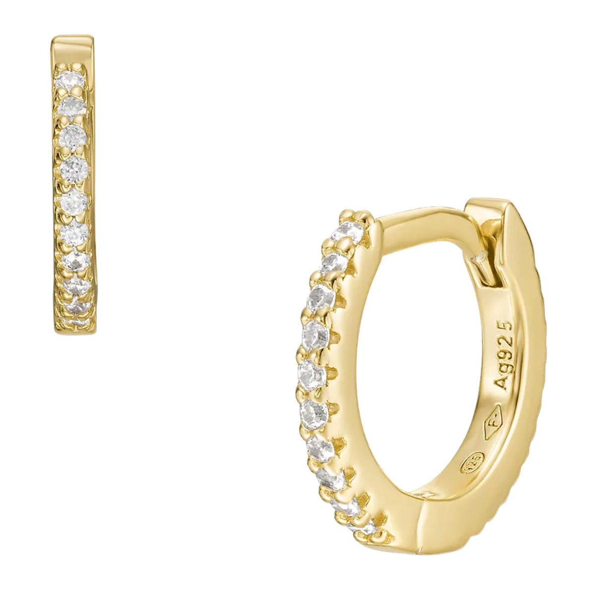 Fossil gold-tone sterling silver hoop earrings with pavé crystals
