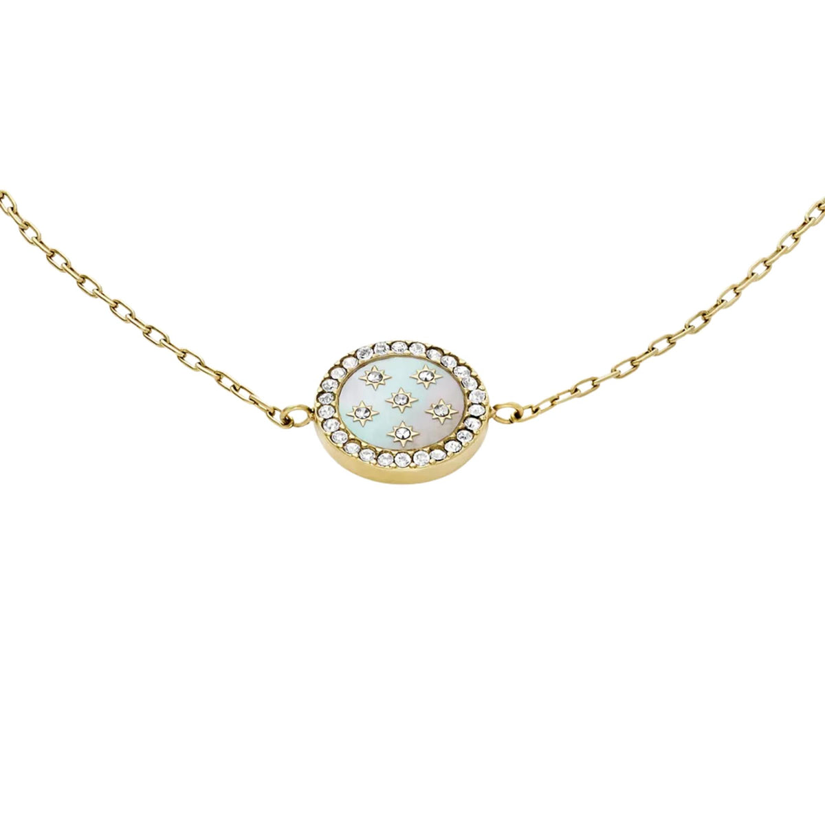 Gold-tone oval station bracelet with mother-of-pearl face and crystal halo