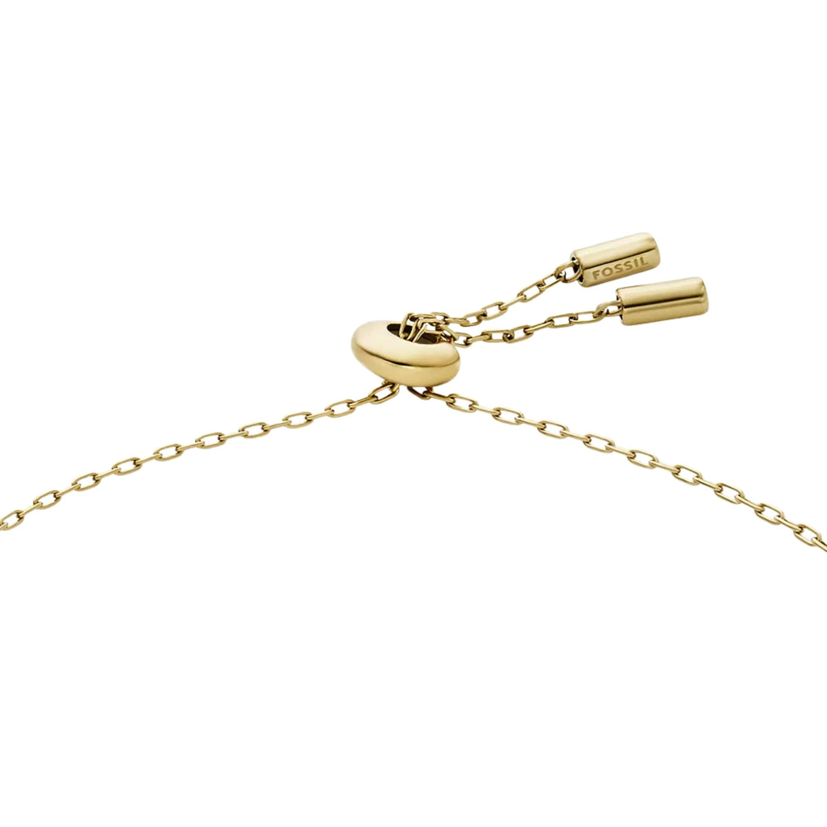 Gold-tone bracelet with clasp hardware and linked chain, featuring oval station charm