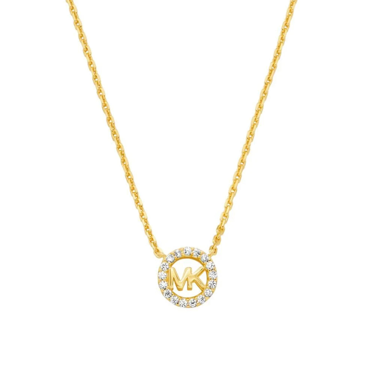 Michael Kors gold pendant necklace with MK logo in a crystal halo