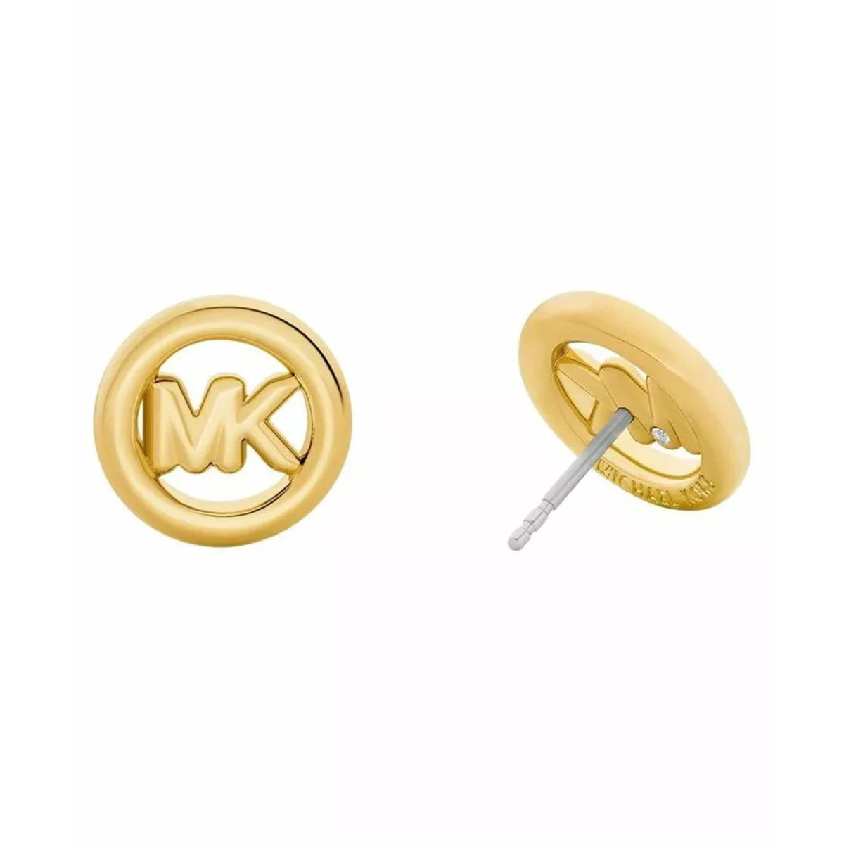 Michael Kors gold-tone round stud earrings, visible post and MK logo