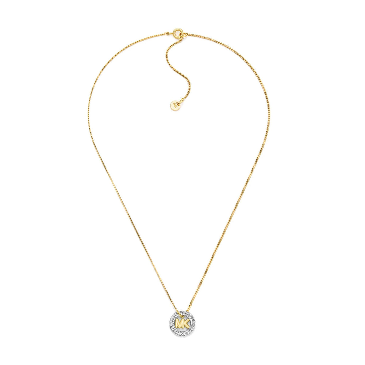 Gold tone chain necklace with round MK logo pendant and small toggle clasp