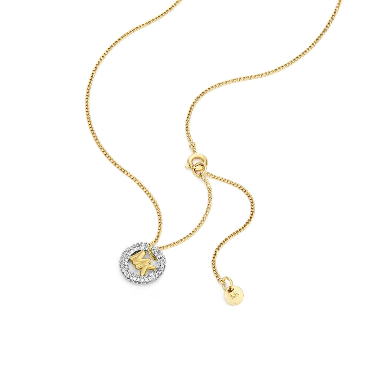 Michael Kors gold-tone necklace with round pavé pendant and adjustable slider