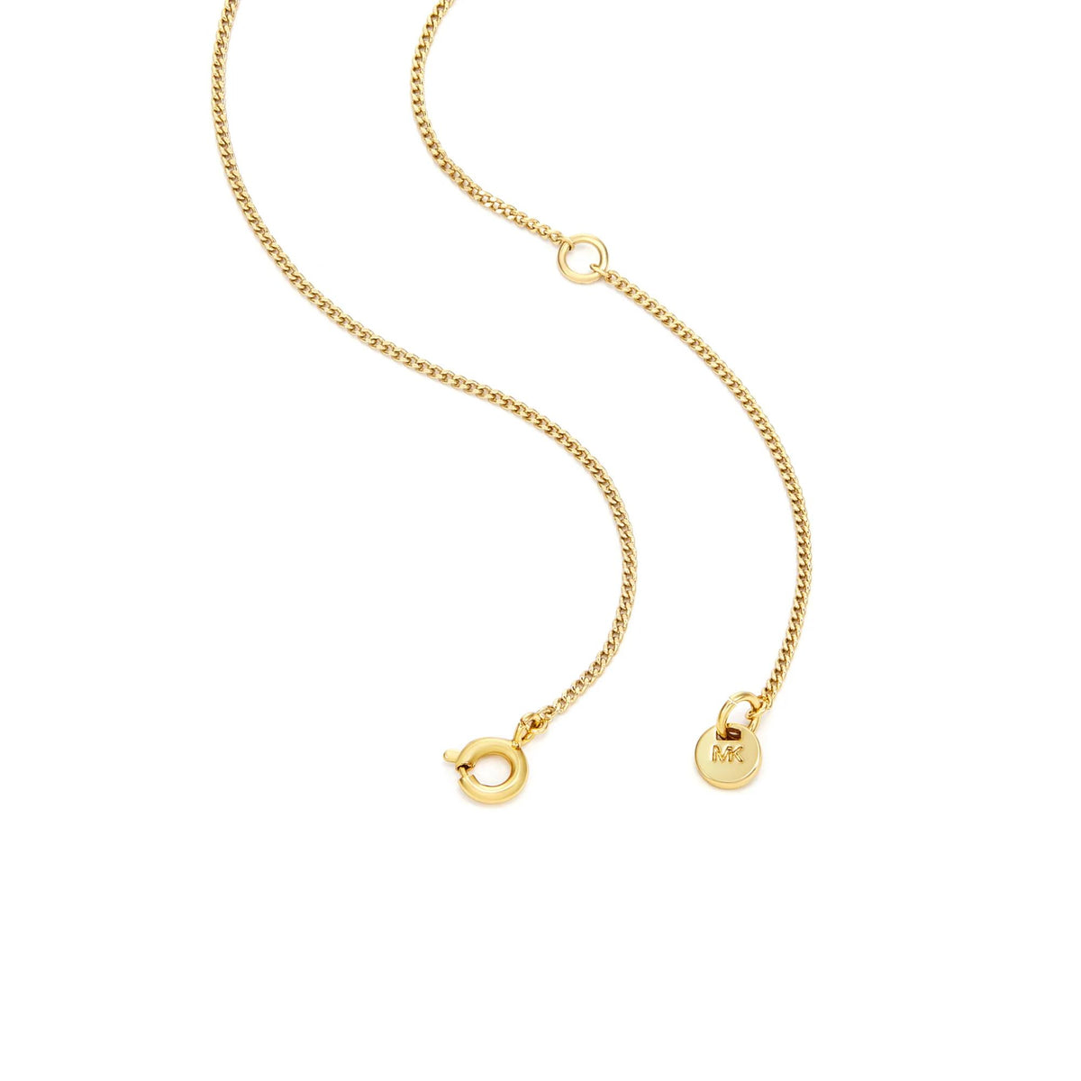 Gold tone chain necklace with small open-ring charm and round MK coin pendant